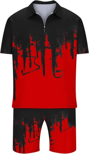 Vista 4 de Conjunto de 2 piezas de verano para hombre, camisa polo con cremallera de 14 y pantalones cortos, conjuntos de camiseta de manga corta y pantalones