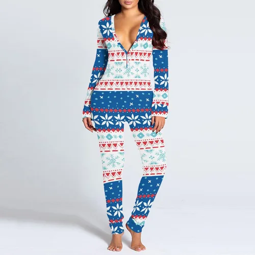 Vista 4 de Pijama de Navidad para mujer con botones para adultos estampado de alicatas largo para dormir overol ajustado