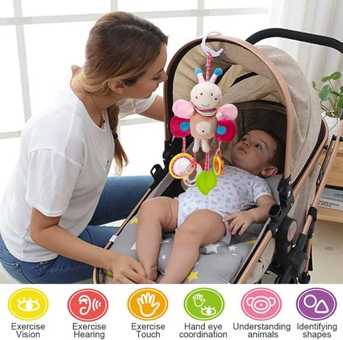 Vista 4 de Sealive Juguetes Musicales Sensoriales para Cochecito de Bebé de 4 Piezas, Sonajeros Suaves Colgantes de Felpa para Actividades, Juguetes para Cuna