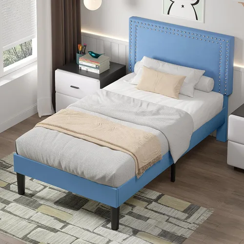 Vista 148 de VECELO Base de cama de plataforma de tamaño individual con cabecera tapizada de altura ajustable, base de colchón moderna, soporte de listones