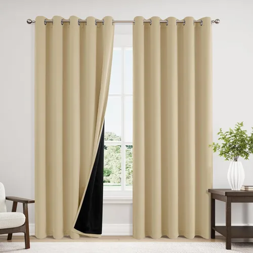 Vista 64 de ChrisDowa Cortinas 100% opacas de 63 pulgadas de largo para dormitorio con forro negro, 2 capas gruesas totalmente opacas con aislamiento térmico