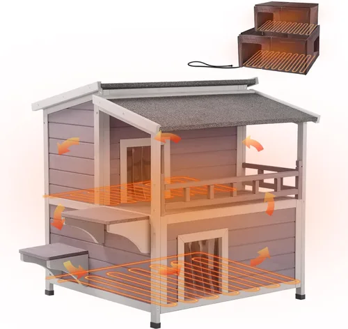 Vista 10 de Aivituvin Casa de gatos al aire libre resistente a la intemperie con dos pisos, refugio para gatos salvajes con puertas de escape, madera maciza