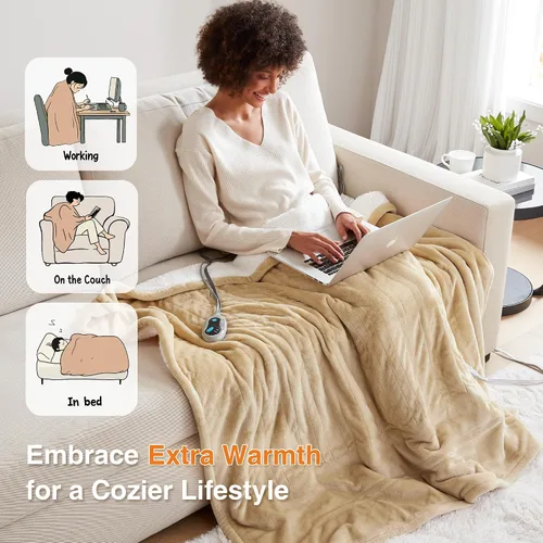 Vista 3 de Beautyrest Manta térmica, manta eléctrica, suave, cálida y reversible, manta térmica Sherpa para oficina, sofá, 3 ajustes de calor, apagado