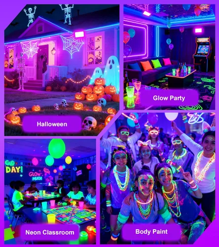 Vista 7 de Luz LED Negra de 100W IP66 Impermeable, Reflector de Luz Negra para Exteriores con Enchufe+Interruptor+Cable, para Halloween, Neón que Brilla