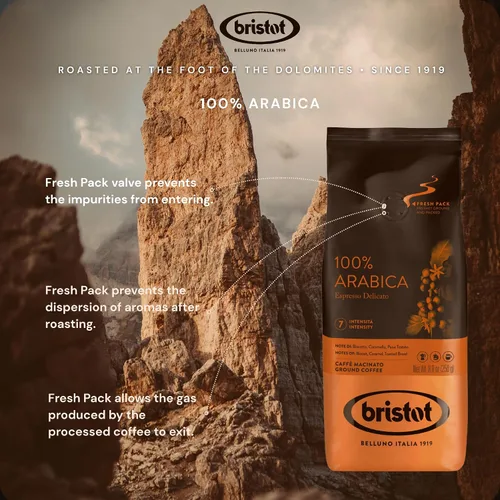 Vista 3 de Bristot Café molido 100% arábica – Espresso italiano delicado – Tostado medio – Café molido para moka, prensa francesa y filtro – 8.8 oz (250 g)