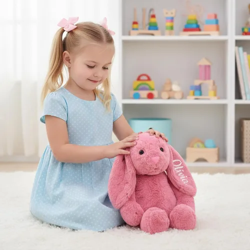 Vista 3 de TNYKER Conejito de Pascua personalizado para bebés, con nombre personalizado, conejito de peluche con orejas largas con monograma, muñeca de conejo