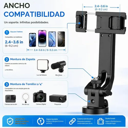 Vista 5 de Trípode de 70 pulgadas para teléfono, trípode portátil todo en uno extensible para celular, trípodes altos de viaje para grabar videos, selfies