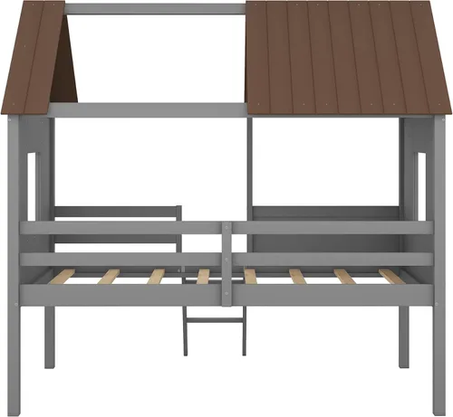 Vista 7 de Quarte Fun House - Cama con techo y dos ventanas laterales, cama baja de madera tamaño individual con escaleras pequeñas y barandilla, para niños