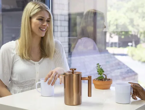 Vista 3 de MIRA Prensa francesa aislada de 20 onzas, cafetera y té de acero inoxidable, cafetera con control de temperatura de doble pared, color azul perla