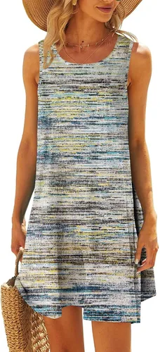 Vista 4 de Vestidos fluidos para mujer, vestido casual de verano con estampado de rayas y cuello redondo sin mangas