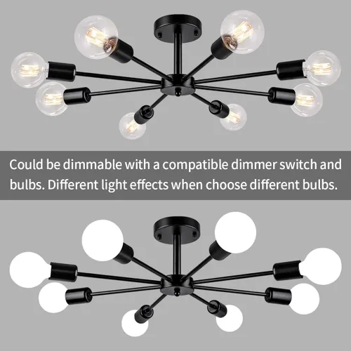 Vista 5 de Lámpara de Techo Semiempotrada de 23.62'', Candelabro Moderno de 8 Luces Negro para Sala de Estar, Candelabro de Luces Sputnik para Dormitorio