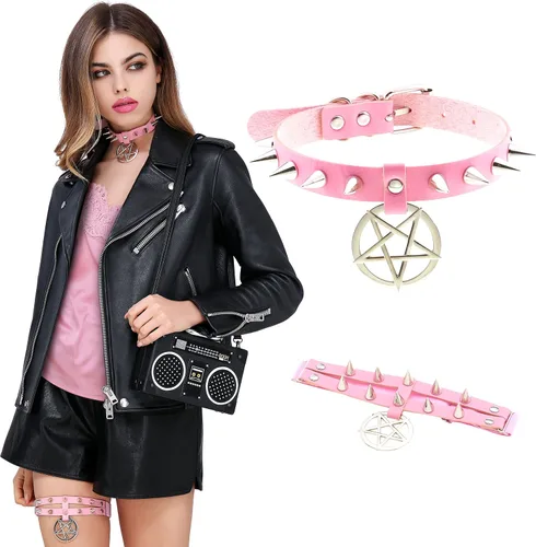 Vista 2 de LaVenty Gargantilla gótica vintage negra, collar de pentagrama rosa, gargantilla gótica punk para mujeres y hombres, collar de cadena de poliuretano