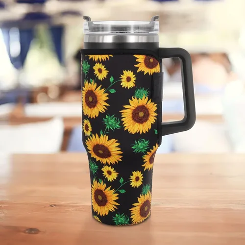Vista 5 de Fundas aisladas de neopreno reutilizables, idea para vaso de 40 onzas con asa (solo mangas de taza) (China floral abstracta) Reusable Neoprene