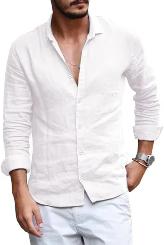 Vista 9 de Runcati Mens Button Down Shirt Linen Cotton Shirts Casual Long Sleeve Tops 01 Negro