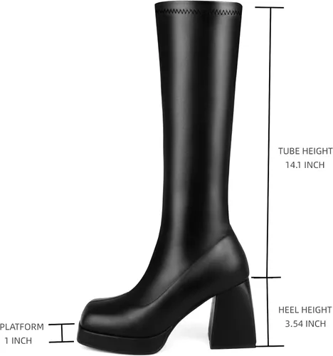 Vista 6 de STALOV Botas Gogo de plataforma para mujer, hasta la rodilla, punta cuadrada, botas altas de tacón grueso, botas largas de cuero elástico