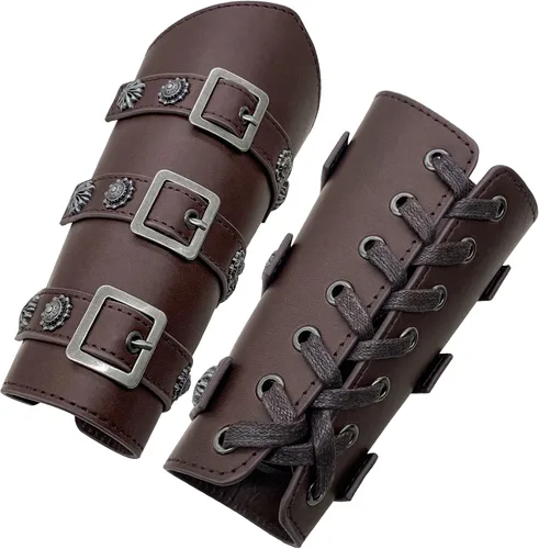 Vista 2 de Jeilwiy Brazaletes vikingos medievales de cuero, brazaletes de armadura de brazo, brazalete de cuero, guantelete punk para hombres y mujeres