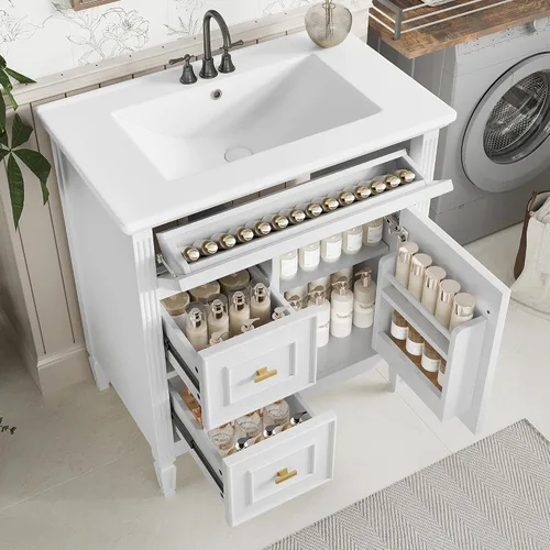 Vista 25 de Harper & Bright Designs Tocador de baño de 24 pulgadas con lavabo, juego de tocador independiente con 4 cajones, estantes de almacenamiento y Negro