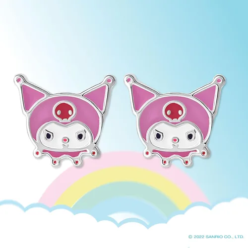 Vista 3 de Sanrio - Aretes Kuromi de Hello Kitty and Friends para mujer, chapados en plata y esmaltados, con licencia oficial, Latón, No es una piedra preciosa