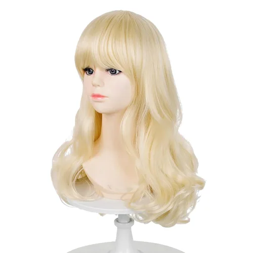 Vista 5 de Peluca rubia con clip de pelo con lazo rosa, peluca de princesa ondulada Rubia Flequillo