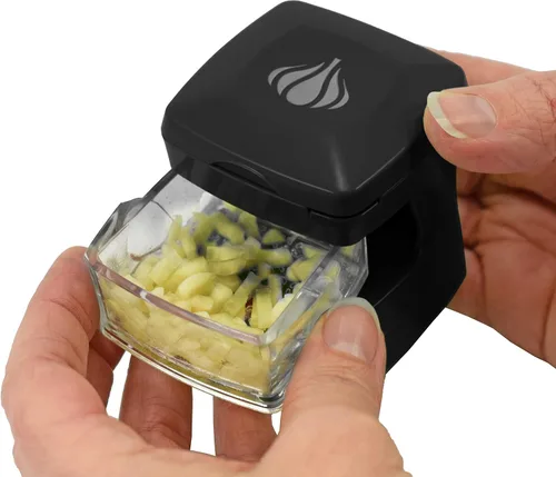 Vista 4 de Prensa de ajo Garlic-A-Peel, trituradora, cortador, picadora y contenedor de almacenamiento - Incluye pelador de ajo de silicona - Fácil de limpiar