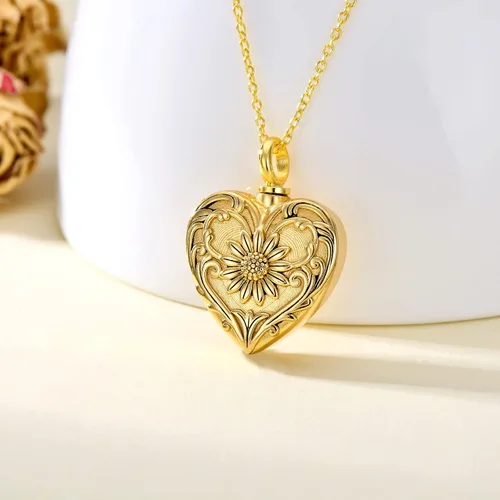 Vista 2 de SOULMEET Joyería de cremación de flores para cenizas, collar de urna de corazón de girasol chapado en plataoro para cenizas, mujeres y hombres