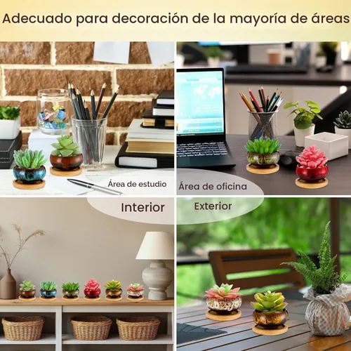 Vista 4 de 12 macetas de cerámica para suculentas de 2.5 pulgadas, macetas de jardín con drenaje y bandeja de bambú para plantas de jardín de interior, macetas