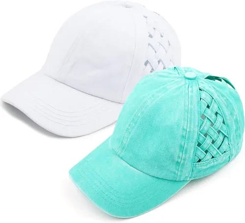 Vista 114 de Funky Junque - Sombrero de cola de caballo para mujer, gorra de béisbol con ajuste ajustable y cola de caballo alta cruzada para uso diario Paquete