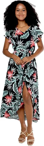 Vista 2 de Camisa hawaiana Luau o vestido cruzado con volantes para pareja a juego en color negro lirio floreciente