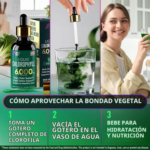 Vista 8 de Paquete de 2 Gotas Líquidas de Clorofila 6000MG – Gotas Líquidas de Clorofila Natural para Desintoxicación, Energía, Piel – Desodorante Interno