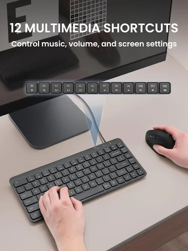 Vista 5 de Perixx PERIBOARD-414U - Mini teclado USB con cable, compacto, 12.24 x 5.32 x 0.71 pulgadas, Plug and Play, negro, diseño en inglés de EE. UU