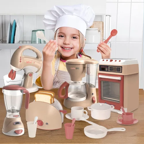 Vista 2 de Yalujumb Juego de juguetes de cocina, juego de electrodomésticos de cocina con cafetera, mezclador, tostadora con luces y sonidos realistas, regalo