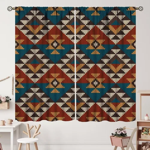 Vista 137 de Cortinas con patrón geométrico tribal, estilo suroeste, azteca, rústico, occidental, nativo americano, opacas, con bolsillo para barra, decoración