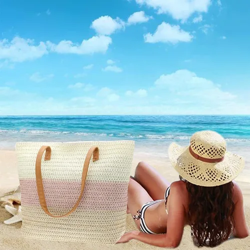 Vista 2 de Bolso grande de paja para mujer, tejido de ratán, bolso de playa de verano, a rayas