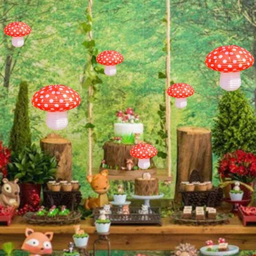 Vista 3 de 6 faroles de hongos grandes de 14 pulgadas para decoración de cumpleaños, fiesta de primavera, baby shower, boda, fiesta, suministros de fiesta
