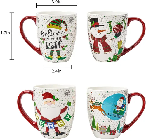 Vista 7 de Topadorn Juego de 4 Tazas Navideñas, Tazas de Café Festivas con Asa, Tazas de Café de Cerámica de 18 oz - Regalo para Familia y Amigos, Ideal
