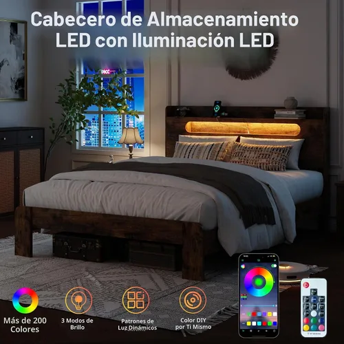Vista 6 de Base de cama matrimonial con cabecera de almacenamiento y estación de carga, color marrón Platform Bed Frame, LED Lights, Wooden Slats