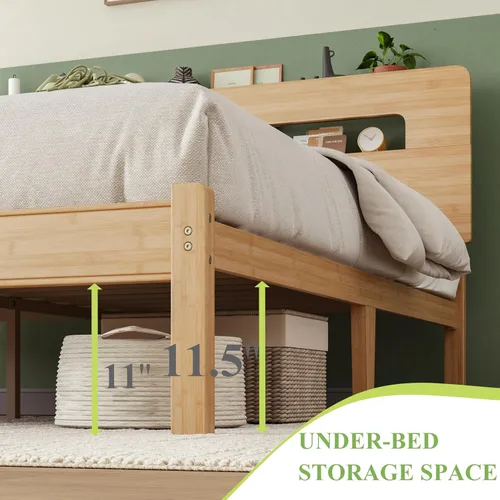 Vista 6 de ZIYOO Marco de cama de madera de bambú maciza tamaño individual con cabecera de almacenamiento, marco de cama plataforma de 14 pulgadas