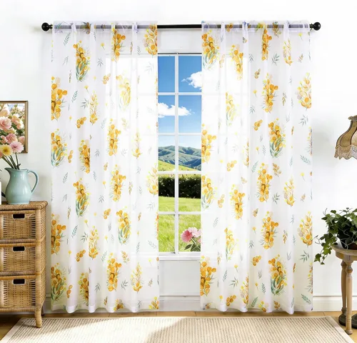 Vista 28 de youleyar - Cortinas florales transparentes para sala de estar, 54 pulgadas Cortina semitransparente blanca con estampado de flores/mariposas