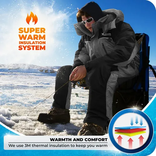 Vista 3 de WindRider Traje de pesca en hielo, baberos aislados y chaqueta flotación toneladas de bolsillos Equipo impermeable para pesca en hielo y motos
