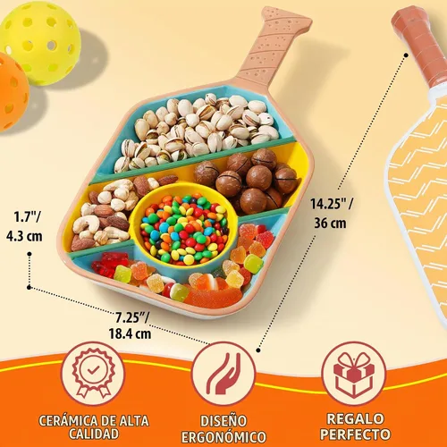 Vista 2 de Bandeja de aperitivos de paleta de pickleball - Bandeja de servir con bolas de pepinillo para aperitivos - Bandeja de servir en forma de paleta