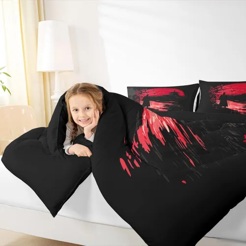 Vista 6 de Erosebridal - Juego de edredón Samurai, juego de ropa de cama al atardecer, edredón japonés de samurái cálido y suave, decoración de dormitorio