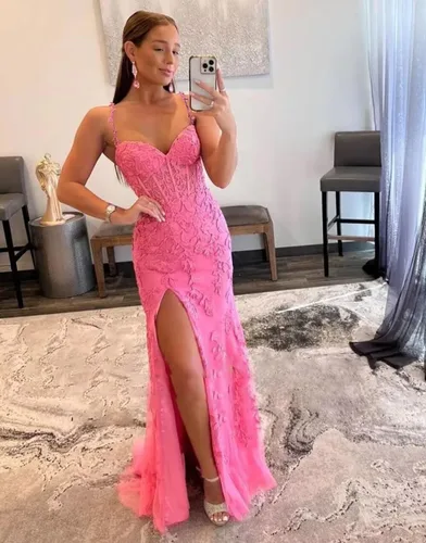Vista 4 de Vestido de fiesta de sirena para mujer, largo de tul con cuello en V, apliques de encaje, tirantes delgados, vestidos formales de fiesta de noche