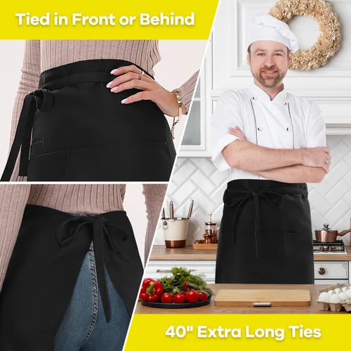 Vista 5 de ROTANET Delantal largo negro con 3 bolsillos, delantales de medio delantal para hombres y mujeres, camarera chef, 28 pulgadas, impermeable