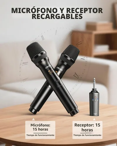Vista 4 de LEKATO Micrófono inalámbrico, sistema de micrófono dinámico inalámbrico de mano dual recargable de 2.4 GHz con receptor de 1/4 pulgadas, micrófono
