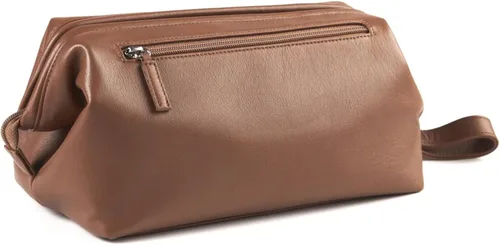 Vista 2 de Leatherology Neceser enmarcado – Kit de cuero Dopp con apertura de boca ancha, forro resistente al agua y compartimentos con cremallera, Coñac