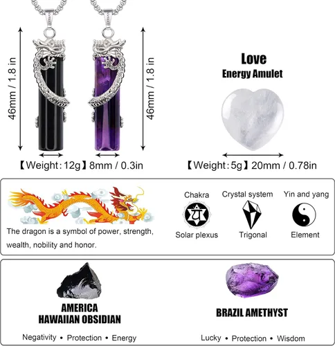 Vista 2 de KVREET Juego de collar de doble dragón a juego con colgante de cristal de corazón Yin Yang, regalo único para hombres y mujeres, pareja de amigos