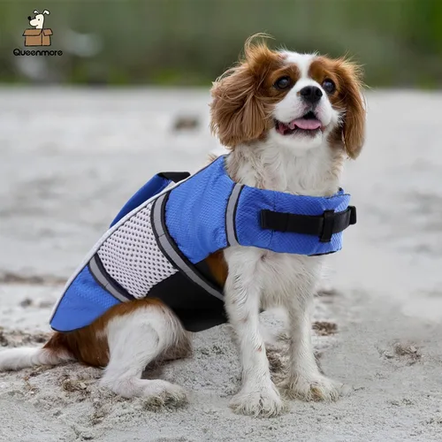 Vista 5 de Chaleco salvavidas para perros, chaleco de natación, ligero, altamente reflectante, para mascotas, con asa de elevación y anillo para correa