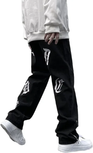 Vista 4 de FantasyGears Y2k - Pantalones de mezclilla para hombre, estilo grunge, hip hop, holgados, pierna recta, pantalones de mezclilla con gráficos