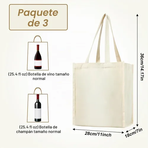 Vista 3 de Berlune 3 piezas de bolsa de vino reutilizable de 6 botellas con divisor de lona, lavable, portátil, bolsa de transporte de vino resistente
