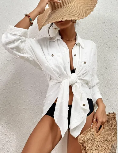 Vista 2 de Bsubseach Vestido tipo camisa con botones y lunares suizos para mujer
